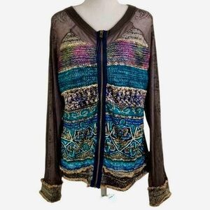 KAKUS Boho Patchwork Zip Front Knit Jacket Sheer Sleeves Size L
